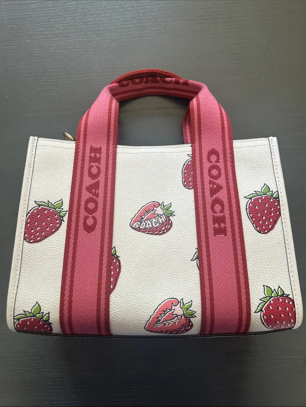 Coach Strawberry Print Canvas Tote with Pink Web Handles